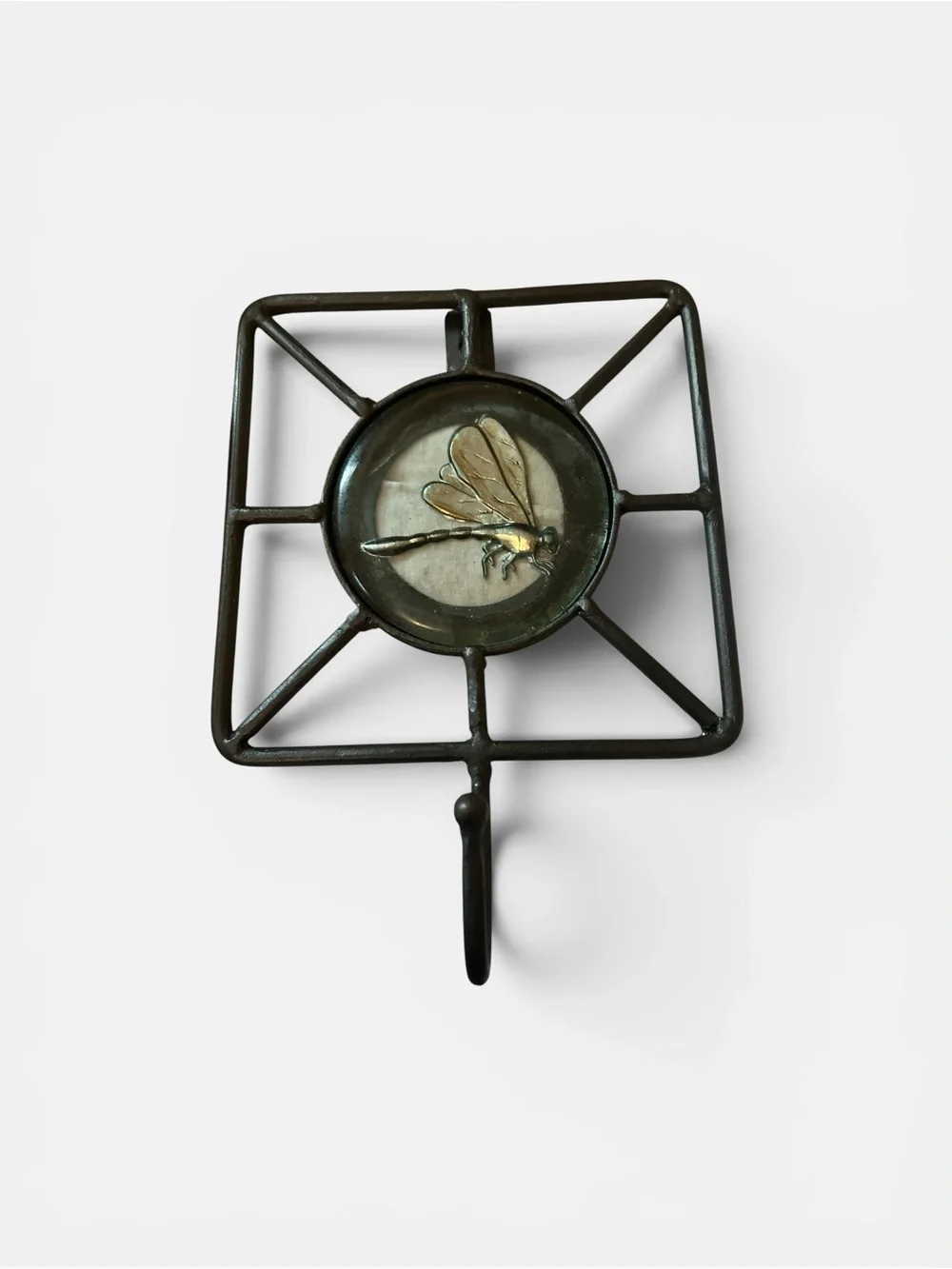 Rustic Dragonfly Print Under Glass Cast Iron Wall Hook Accent Foyer Garden Bath